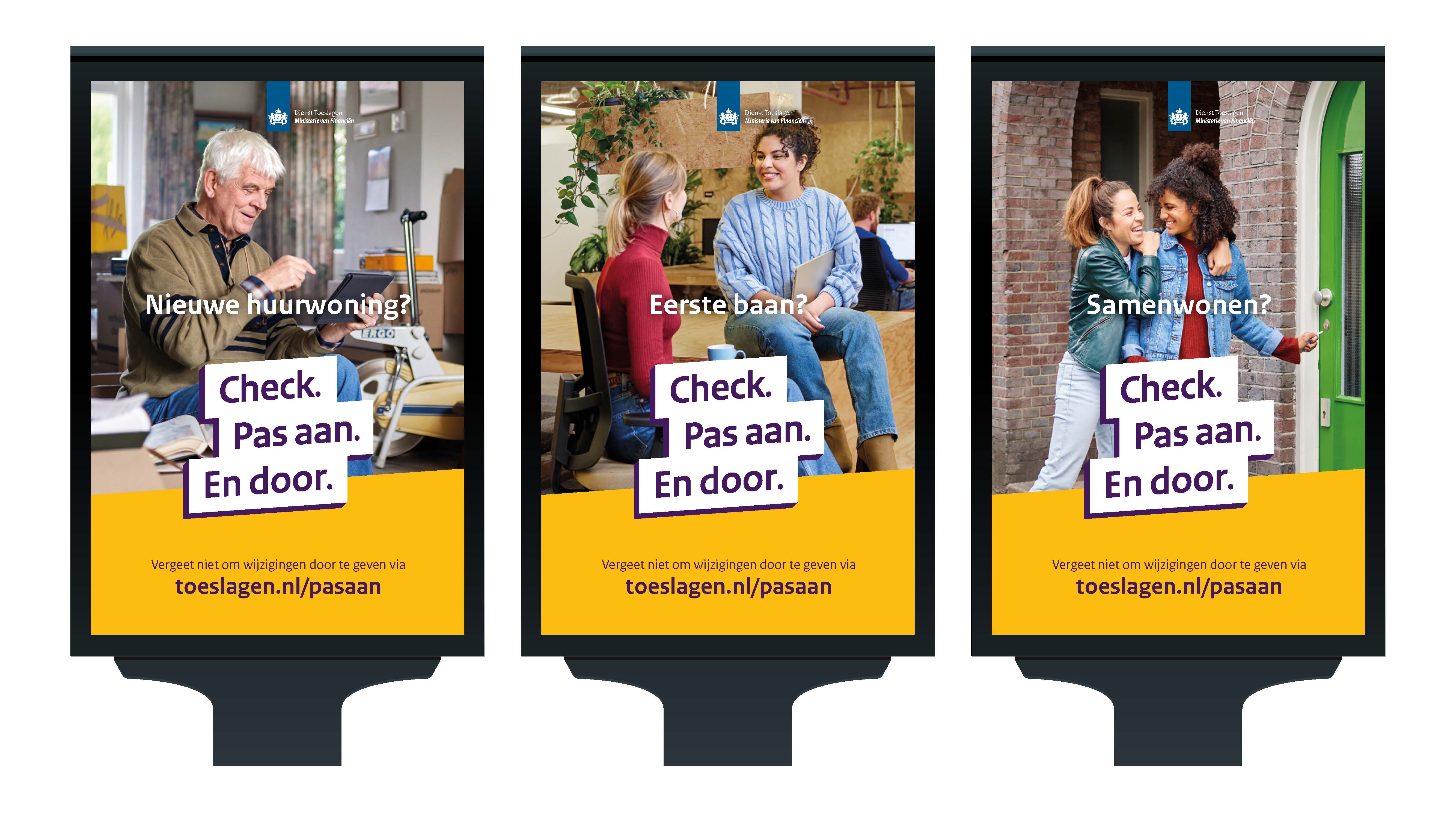 3 campagne posters voor 'bushokjes' met de slogan 'Check. Pas aan. En door.'